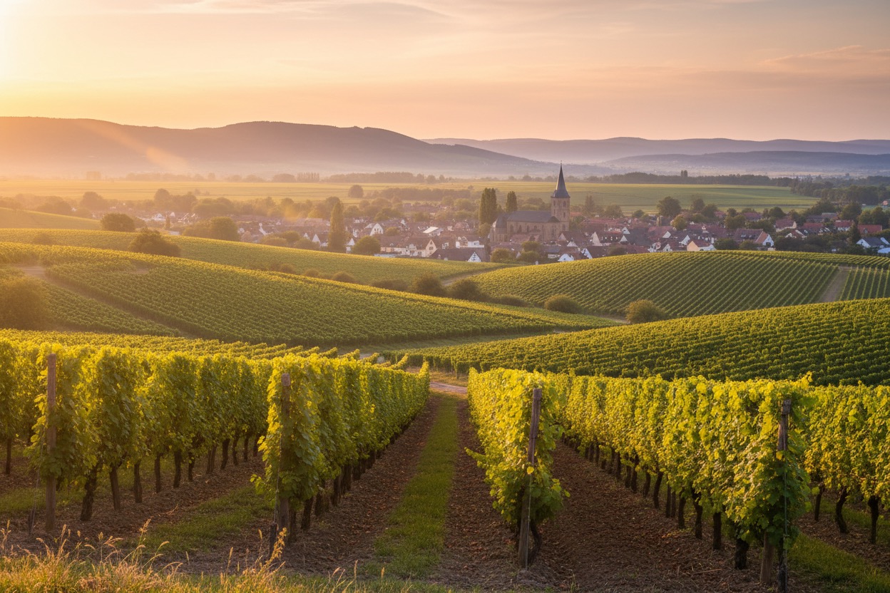 Weinberge in der Abendsonne mit einem Dorf und einer Kirche im Hintergrund.